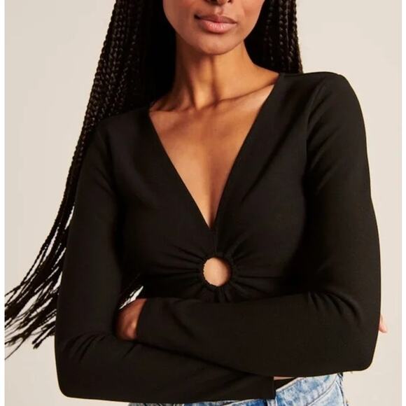 Abercrombie & Fitch Long Sleeve O-Ring V-Neck Blouse Top Black - Picture 4 of 14